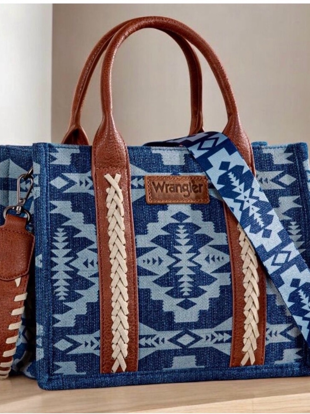 NWT Wrangler Blue Aztec Denim Tote with Brown Leather Handles